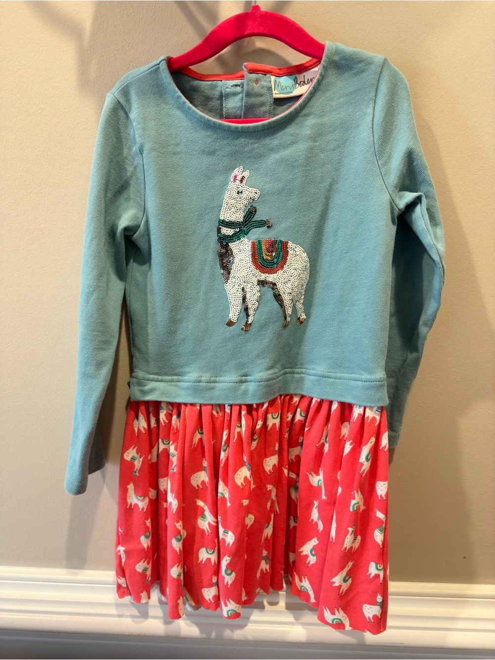 Mini Boden Aqua Top with Coral Llama Skirt Dress